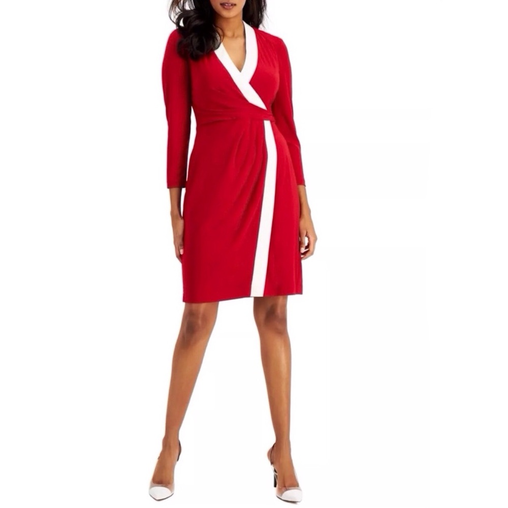 Kasper Red Jersey Knit Faux Wrap V Neck Long Sleeve Dress Size Small